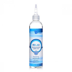 Bottle of CleanStream Relax Anal Desensitising Lubricant with Nozzle Tip, 237ml, clear liquid visible inside the bottle