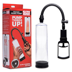 An image of the "Size Matters Trigger Penis Pump" beside its packaging box showcases the text "Pump Things Up! Ultra Powerful Suction!" while emphasizing its 8.5-inch cylinder. The pump includes a silicone sleeve, displaying a transparent cylindrical chamber with a flexible hose and a manual grip handle, designed for enhancing erection strength.