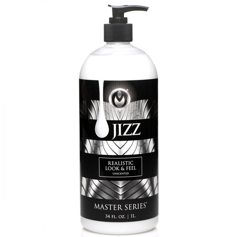 Here is a bottle of "Master Series Jizz - 1000 ml" water-based lubricant. The black and white label features an abstract, stylized design with text stating "Realistic Look & Feel," "Unscented," and "Non-Staining." The bottle is equipped with a black pump dispenser.