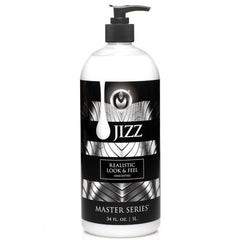 Here is a bottle of "Master Series Jizz - 1000 ml" water-based lubricant. The black and white label features an abstract, stylized design with text stating "Realistic Look & Feel," "Unscented," and "Non-Staining." The bottle is equipped with a black pump dispenser.