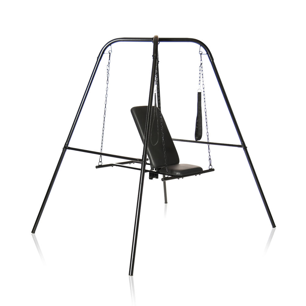 The Master Series Throne is an adjustable black swing set with a padded seat and straps hanging from a sturdy suspension frame. The minimalist design features chains connecting the seat to the top frame, supported by four legs in an A-frame structure.