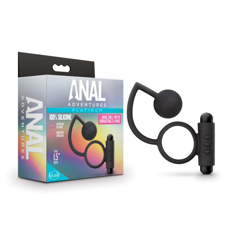 A product image of the "Anal Adventures Platinum Anal Ball Butt Plug & Vibrating Cock-Ring" set, showcasing a silicone anal ball for prostate stimulation attached to a vibrating C-Ring, displayed beside its packaging. The packaging highlights features such as a 100% silicone tag and a 1.5-inch ball diameter.