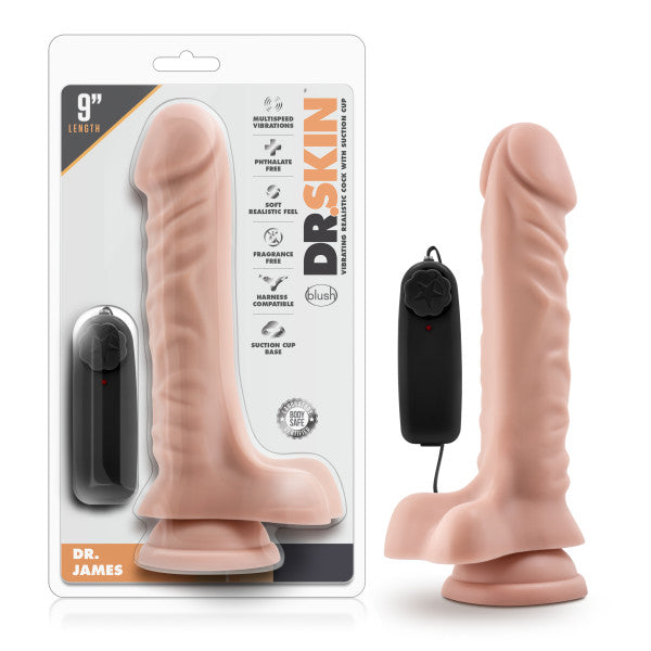 Packaging and product image of Dr. Skin Dr. James realistic vibrating cock. The 9-inch product is made with soft, phthalate-free material, featuring a lifelike design with a suction cup base and a wired remote control for adjustable multi-speed vibrations.