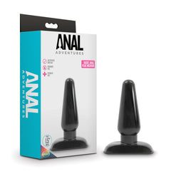 An image of the "Anal Adventures Basic Anal Butt Plug - Medium" spotlights the anal plug with a smooth PVC finish standing upright beside its packaging. The packaging emphasizes features such as a tapered tip, body-safe materials, latex-free composition, and phthalate-free construction.