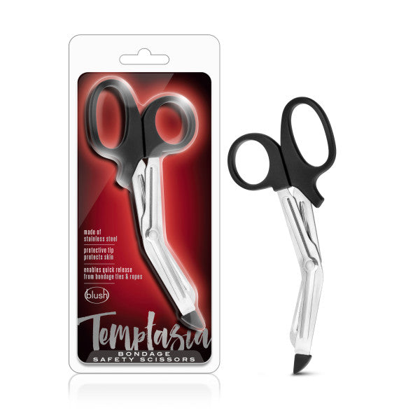 Image of the Temptasia Safety Scissors in black and silver. The packaging showcases the scissors against a red and black gradient background. These stainless steel safety scissors have a blunt tip to protect skin and are designed to cut through ropes and other bondage materials safely.