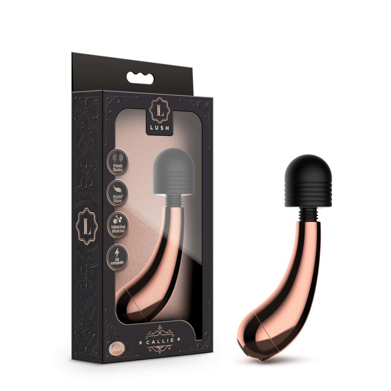 The Lush Callie Wand Vibrator, a rose gold and black personal massager made from body-safe materials, is displayed next to its elegant black and gold packaging. The packaging prominently features the brand name "Lush Callie" and highlights various product features such as a waterproof design and multiple rumbly vibration functions.