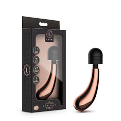 The Lush Callie Wand Vibrator, a rose gold and black personal massager made from body-safe materials, is displayed next to its elegant black and gold packaging. The packaging prominently features the brand name "Lush Callie" and highlights various product features such as a waterproof design and multiple rumbly vibration functions.