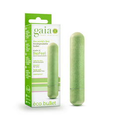 The "Gaia Eco Bullet Vibrator" comes in green packaging and is labeled "gaia feel nature." It boasts being the world's first biodegradable vibrator, made from BioFeel starch-based plastic. It is body-safe, phthalate-free, waterproof, designed for environmental safety, and delivers powerful vibrations.