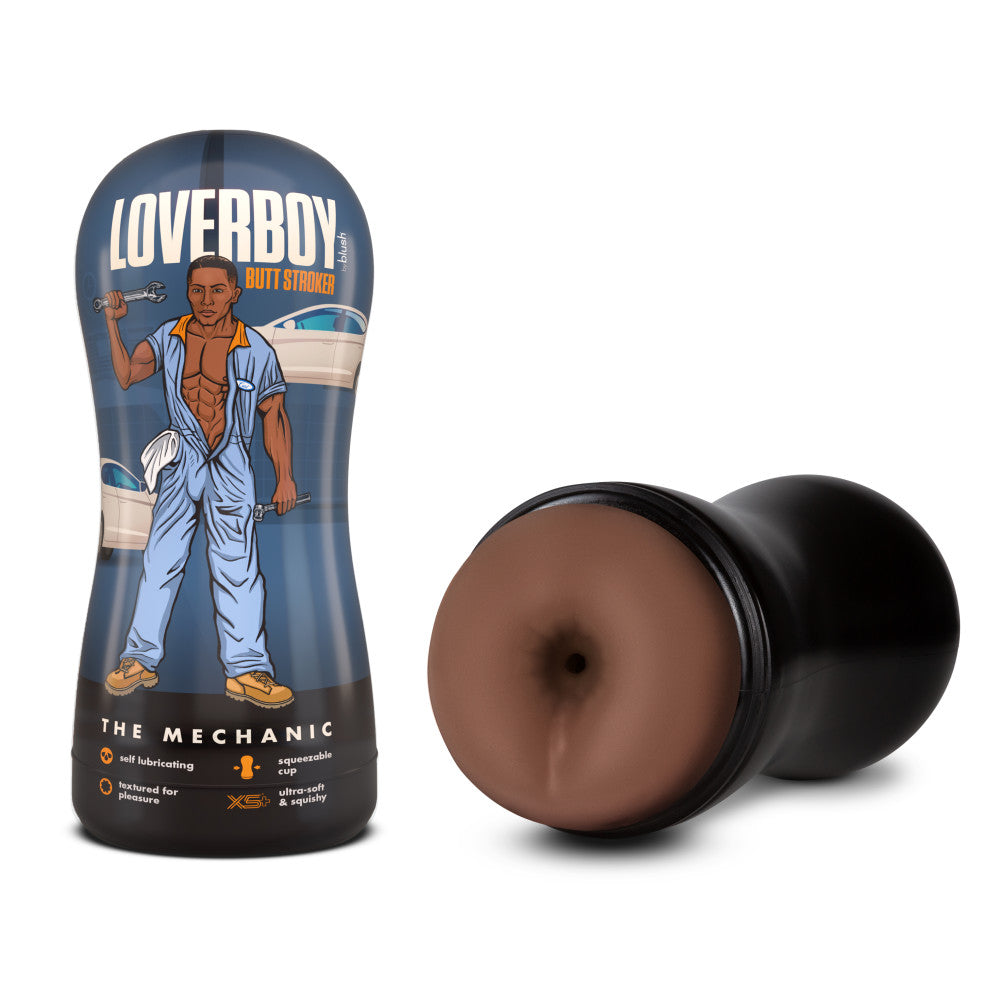 A product image featuring a male masturbator sex toy with innovative self-lubricating technology. On the left, the packaging showcases a man in mechanic attire holding a wrench, labeled "Loverboy The Mechanic." The right side reveals the toy's internal texture, designed to resemble an anus.