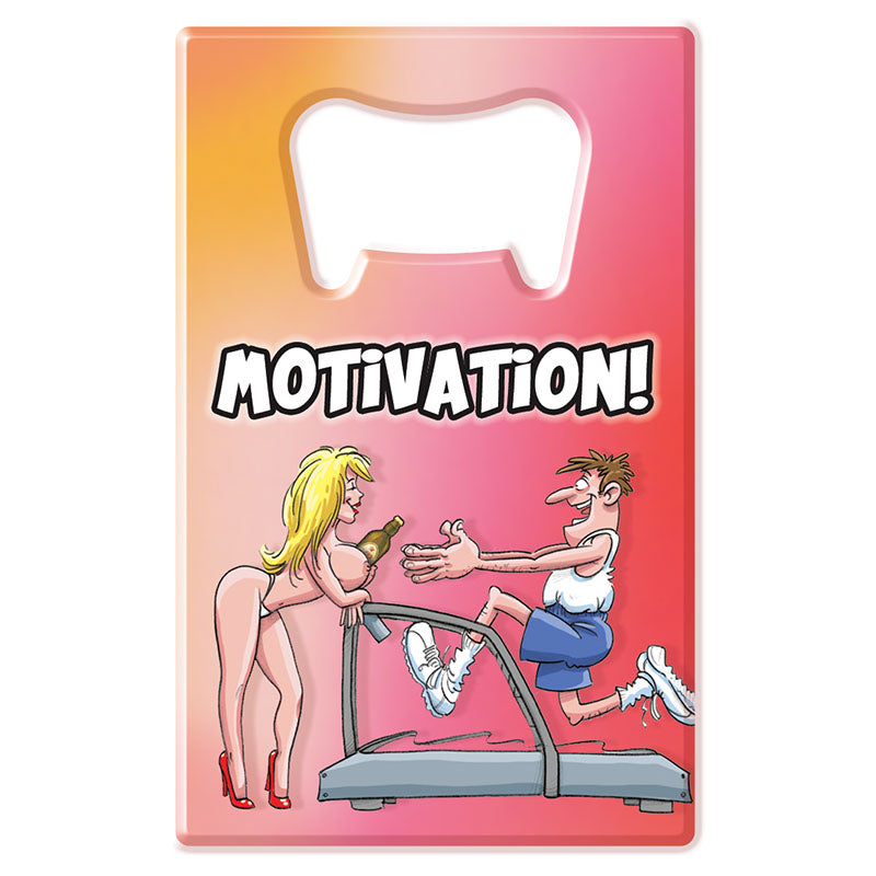 Cartoon image of a man running on a treadmill, looking motivated while reaching for a woman holding a bottle opener. The woman is standing off the treadmill, wearing high heels and posing seductively. The word "Motivation!" is prominently displayed above them, referencing the "Bottle Opener - Motivation" product.