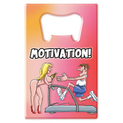Cartoon image of a man running on a treadmill, looking motivated while reaching for a woman holding a bottle opener. The woman is standing off the treadmill, wearing high heels and posing seductively. The word "Motivation!" is prominently displayed above them, referencing the "Bottle Opener - Motivation" product.