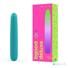 An image of the Bgood Infinite Deluxe Vibrator in Sea Foam next to its vibrant packaging box. The predominantly pink box features green and yellow accents, with a product image prominently displayed. The text on the packaging reads "bgood deluxe vibrating wand" along with the brand name "b swish." Crafted from body-safe silicone, this rechargeable device offers both safety and convenience.