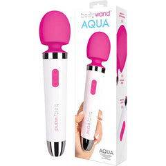A photo of the Bodywand Aqua Vibrator - White/Pink Massager Wand is displayed, featuring a white handle and a pink head. The massager is shown alongside its packaging, which is labeled "waterproof vibe" and reads "bodywand AQUA." The packaging also includes an illustrative image of the pink massager, highlighting its high-quality silicone construction.