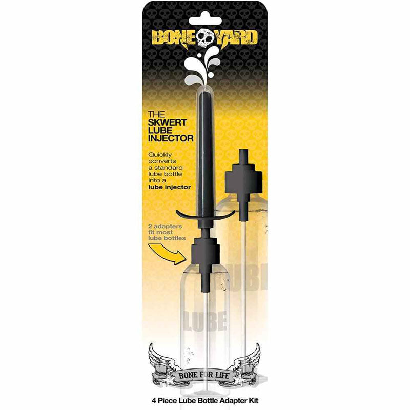 The image displays the packaging for the "Boneyard Skwert Lube Injector," a comprehensive four-piece lube bottle adapter kit. Included are the injector itself, two adapters compatible with most lube bottles, and a sanitary storage cap to ensure hygiene. This practical design allows for quick conversion of a standard lube bottle into an efficient injector.