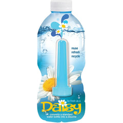 A plastic bottle labeled "Boneyard Daisy Douche," featuring images of daisies and water droplets. The text on the bottle reads "reuse, refresh, recycle" and "be fresh as a Daisy." This environmentally friendly design transforms a standard reusable water bottle into a women's douching solution with its blue douche nozzle.