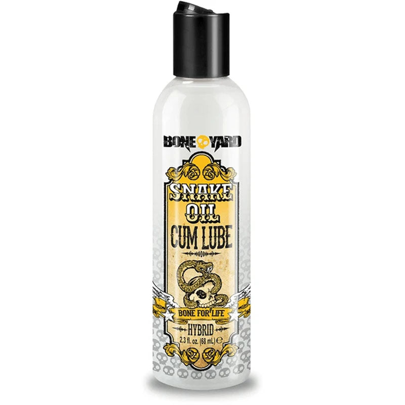 Bottle of Boneyard Snake Oil Cum Lube with a black cap. The label features yellow and white text with an illustration of a snake, indicating a hybrid lube for life.