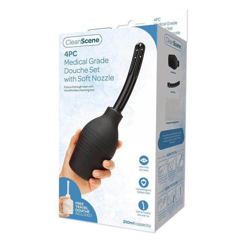 A package labeled "CleanScene 4 Piece Medical Grade Douche Set with Soft Nozzle" is shown. The package includes a black bulb with a nozzle and an image of a hand holding the bulb. There are diagrams and text explaining product usage and features on the box, highlighting its travel-friendly design and hypoallergenic materials.
