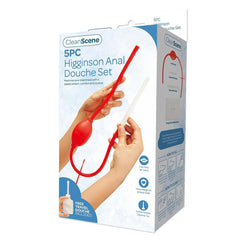 A product box labeled "CleanScene 5 Piece Higginson Anal Douche Set" displays an image of the red and white anal douche set made with hypoallergenic materials, along with diagrams demonstrating its use. The box also mentions silicone tips and a free travel douche included.