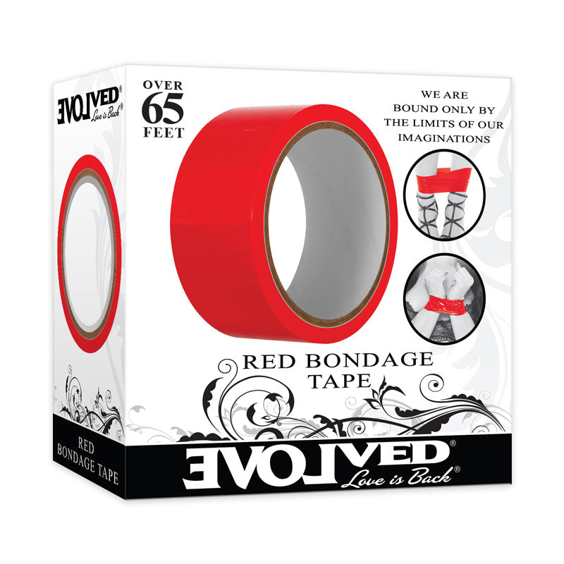 The image shows a box of Evolved Red Bondage Tape - 20 metre length, crafted from self-adhesive PVC vinyl. The packaging features a roll of red tape and decorative designs. Text on the box reads "Over 65 Feet" and "We are bound only by the limits of our imaginations." The brand logo "Evolved" is prominent.