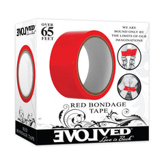 The image shows a box of Evolved Red Bondage Tape - 20 metre length, crafted from self-adhesive PVC vinyl. The packaging features a roll of red tape and decorative designs. Text on the box reads "Over 65 Feet" and "We are bound only by the limits of our imaginations." The brand logo "Evolved" is prominent.