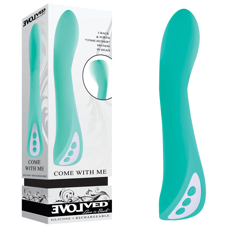 A turquoise Evolved COME WITH ME Vibrator with a curved, ergonomic design and control buttons at the base. Featuring a come-hither motion, the product is shown next to its box, which has the same image of the vibrator along with the text "Evolved - Come With Me" and "Silicone - Rechargeable.