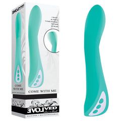 A turquoise Evolved COME WITH ME Vibrator with a curved, ergonomic design and control buttons at the base. Featuring a come-hither motion, the product is shown next to its box, which has the same image of the vibrator along with the text "Evolved - Come With Me" and "Silicone - Rechargeable.