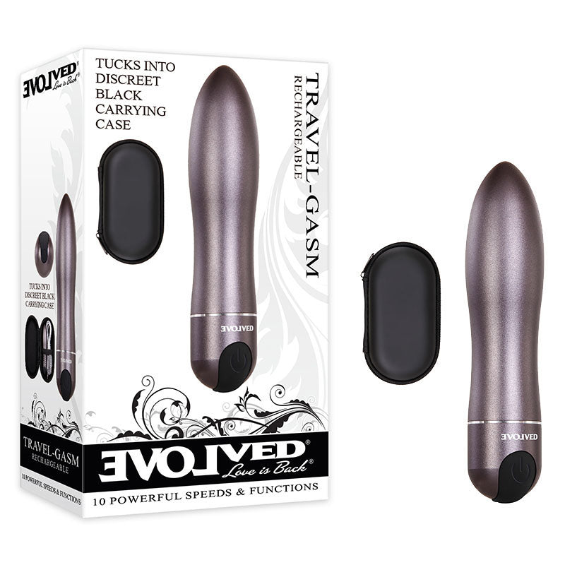 Image of the "Evolved Travel-Gasm Vibrator" displayed next to its packaging. It's a sleek gunmetal bullet personal massager featuring 10 powerful speeds and functions, is rechargeable, waterproof & submersible, and comes with a discreet black carrying case displayed beside it.