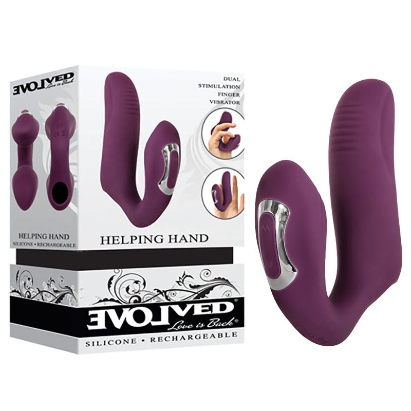 A purple dual-stimulation finger vibrator, called the "Evolved Helping Hand Vibrator," is presented next to its packaging. The box features images of the rechargeable toy and emphasizes its silicone material and clitoral stimulation capability.