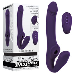 Product image of the "Evolved 2 BECOME 1" silicone vibrator. The image shows the purple, double-ended wearable vibrator with a curved and textured design, along with a small remote control. The packaging, displaying product details and features such as air-pulsing stimulation, is also visible.