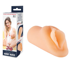 A product image featuring a pocket-sized masturbator called "Zesty Natalia Horny Nurse" from the Zesty Collection. The 11.5 cm length toy, made from TPR, is shown next to its packaging that features a woman in a nurse outfit. The product highlights its realistic design and tight and smooth opening.