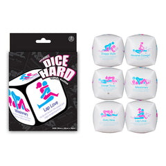 Image of a product package titled "Dice Hard: The Sex Position." The black package contains two inflatable dice, each with different sex positions illustrated in blue and pink, labeled with names such as "Missionary," "Lap Love," etc. Each side of the dice measures 20 cm. Six samples of the dice are displayed beside the package.