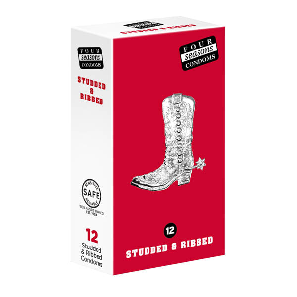 The box of Studs & Ribs Condoms is red and white and features a graphic of a cowboy boot with a spur. The packaging, which contains 12 condoms, is labeled "Studded & Ribbed" for added pleasure and includes the "SAFETY" certification mark in the bottom corner.