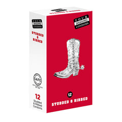The box of Studs & Ribs Condoms is red and white and features a graphic of a cowboy boot with a spur. The packaging, which contains 12 condoms, is labeled "Studded & Ribbed" for added pleasure and includes the "SAFETY" certification mark in the bottom corner.