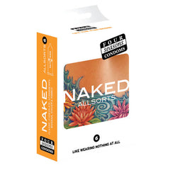 Image of a box of Four Seasons Naked Allsorts Condoms. The predominantly white box with orange accents features a colorful tattoo design. Promising increased sensitivity, the packaging mentions "like wearing nothing at all" and contains six condoms.
