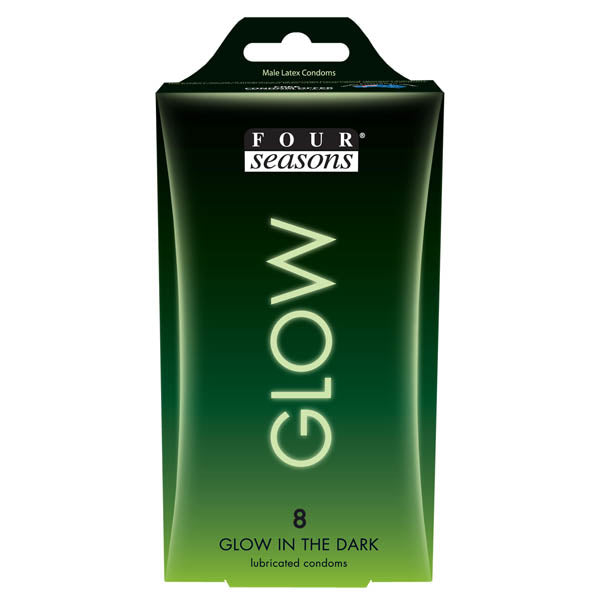 A box of Glow N' Dark Condoms is shown. The black packaging with green gradient effects and "GLOW" prominently displayed in the center promises to add an exciting touch to your love life. Containing 8 male latex lubricated condoms, it ensures both fun and safety.