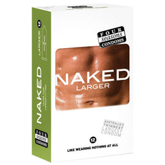 A box of Four Seasons Condoms labeled "Naked Larger Fitting Lubricated Condoms - 12 Pack" features a photo of a man's toned torso. The packaging highlights "Australia's thinnest largest condom" and promises an experience "like wearing nothing at all." Designed for those with a larger penis size, the box contains 12 condoms.