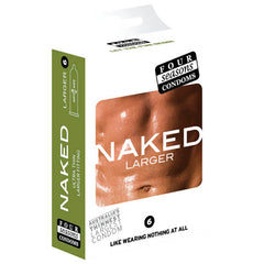 A box of Naked Larger Fitting Condoms labeled "NAKED LARGER," features an image of a toned, shirtless male torso on its packaging. Promoting advanced condom technology, it claims to be "Australia's Thinnest & Largest Condom" suitable for a larger penis size and includes 6 condoms. The tagline on the packaging reads, "LIKE WEARING NOTHING AT ALL.
