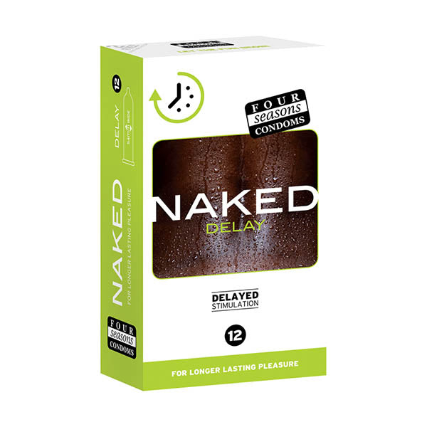 A box of Four Seasons Naked Delay prominently features the product's name, signaling delayed stimulation. This pack contains 12 condoms and boasts a green and white color scheme. The durable latex material is designed for longer-lasting pleasure.