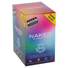 A box of Four Seasons Naked Sensations Condoms includes 50 ultra-thin condoms, featuring a colorful gradient design. The packaging proudly displays labels such as "Super Value," "Proudly Australian Owned," and details various condom attributes including flavoured, coloured, shiver, and ribbed options.