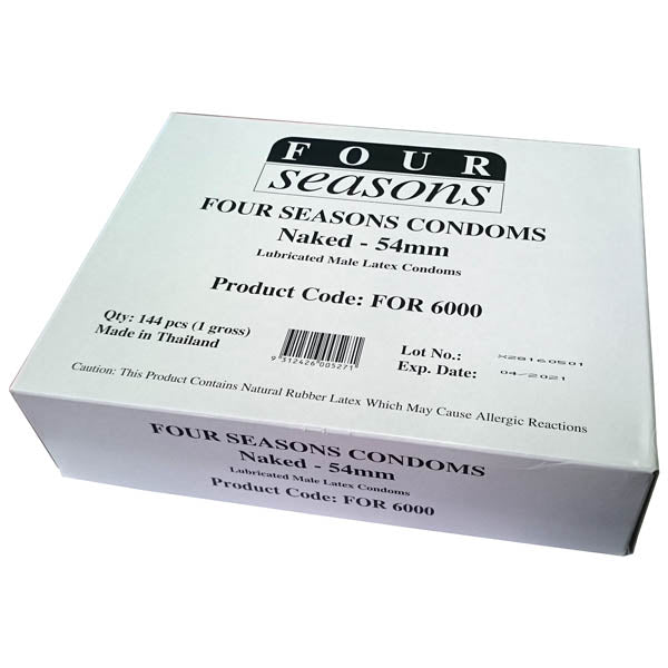 A white rectangular box of Four Seasons Naked Classic Condoms - Bulk Box of 144 labeled "Naked Condom - 54mm" with "Lubricated Male Latex Condoms" below. It specifies a product code (FOR 6000), contains 144 pieces, and is made in Thailand. The box cautions about natural rubber latex causing allergic reactions and highlights advanced condom technology for increased sensitivity.