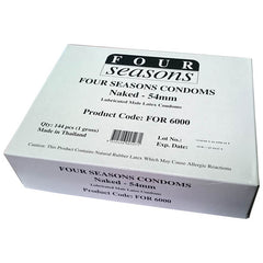 A white rectangular box of Four Seasons Naked Classic Condoms - Bulk Box of 144 labeled "Naked Condom - 54mm" with "Lubricated Male Latex Condoms" below. It specifies a product code (FOR 6000), contains 144 pieces, and is made in Thailand. The box cautions about natural rubber latex causing allergic reactions and highlights advanced condom technology for increased sensitivity.
