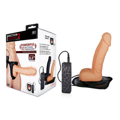 Box of the Erection Assistant 2 Vibrating Hollow Strap-On Vibrator 7" product next to the actual product. The box features an image of the device with text highlighting features like adjustable straps, 10 vibration rhythms, and a 7" length. The hollow strap-on device is depicted with a wired remote control for easy use.