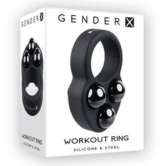 A white box labeled "Gender X WORKOUT COCK RING" prominently displays a black silicone training ring on the front. The ring features a circular opening with three attached black ball-shaped accents and boasts removable weights. Text at the bottom reads "WORKOUT RING" and "SILICONE & STEEL".