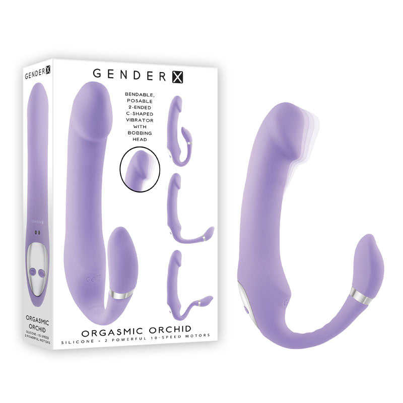 Image of a packaged product labeled "Gender X ORGASMIC ORCHID Vibrator." The product is a purple silicone bendable vibrator with a poseable design, featuring a C-shaped insertable end and a flexible, bulging head. The package highlights features like targeted stimulation and 10-speed vibration from its 9 powerful motors.