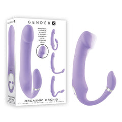 Image of a packaged product labeled "Gender X ORGASMIC ORCHID Vibrator." The product is a purple silicone bendable vibrator with a poseable design, featuring a C-shaped insertable end and a flexible, bulging head. The package highlights features like targeted stimulation and 10-speed vibration from its 9 powerful motors.