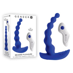 A blue beaded adult toy with a flexible curved handle, shown alongside a white remote control featuring a blue button. The product is branded "Gender X" and labeled "BEADED PLEASURE VIBRATING BUTT PLUG ANAL BEADS" with "10 Vibrating Speeds & Functions" and "60' Remote Range." Waterproof and submersible, the packaging is also visible.