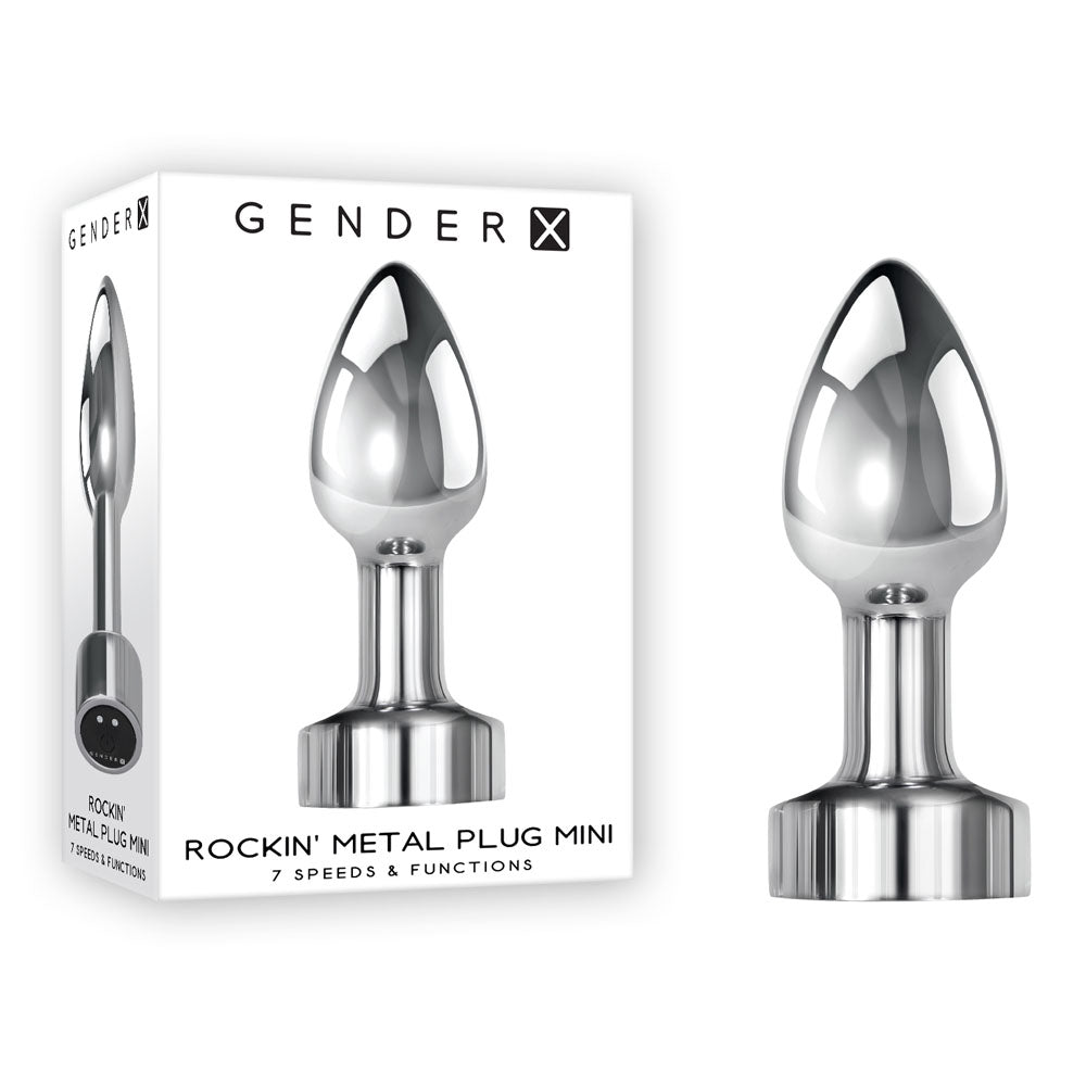 Box and product image of the Gender X ROCKIN METAL PLUG MINI Vibrating Butt Plug, a metallic, vibrating metal plug designed for erotic stimulation. The box features the same device along with text indicating it has 7 speeds/functions and is waterproof & submersible.