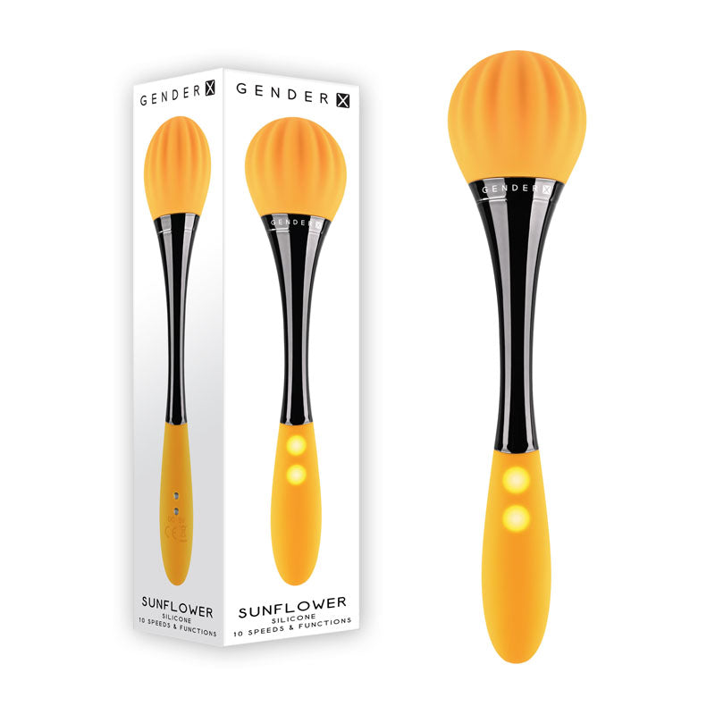 A black and yellow personal massager named "Gender X SUNFLOWER Wand Vibrator," featuring a spherical, textured head and two control buttons on its handle, is displayed next to its box. The packaging showcases identical imagery and the "Gender X" branding, highlighting its dual-ended design with 10 vibrating speeds for ultimate pleasure.