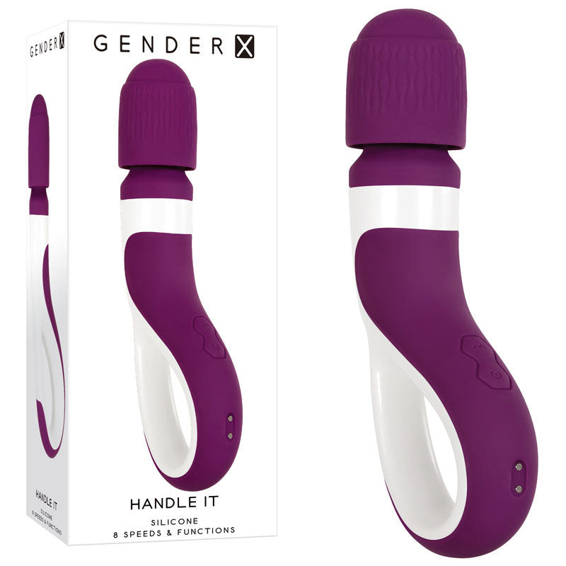 A handheld massager with a purple silicone body and white handle is shown next to its packaging. The packaging displays the same wand massager and has text indicating "Gender X HANDLE IT Wand Vibrator," highlighting that it features 8 speeds and functions.