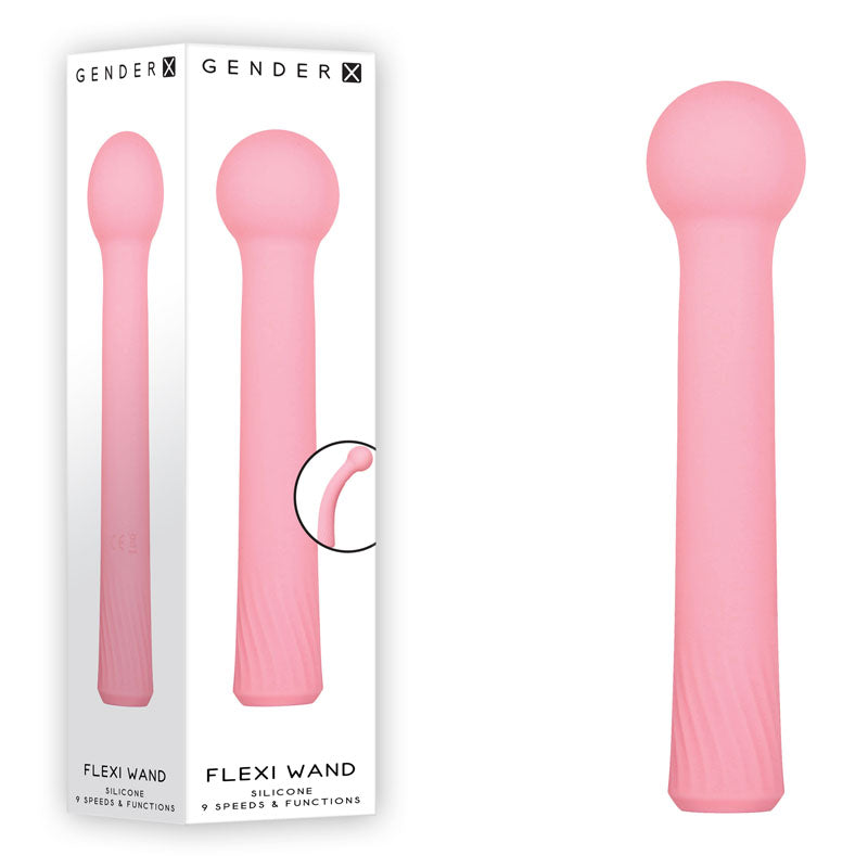 A pink silicone vibrator with a rounded head and a slightly curved, flexible neck. Its packaging is visible beside it, featuring the same design and highlighting features like "9 speeds & functions". The box is labeled "Gender X FLEXI WAND Vibrator".